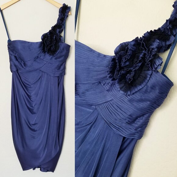 BCBGMaxAzria Addison One Shoulder Rosette Tulip Wrap Skirt Mini Dress M Ink $258 - Picture 6 of 16